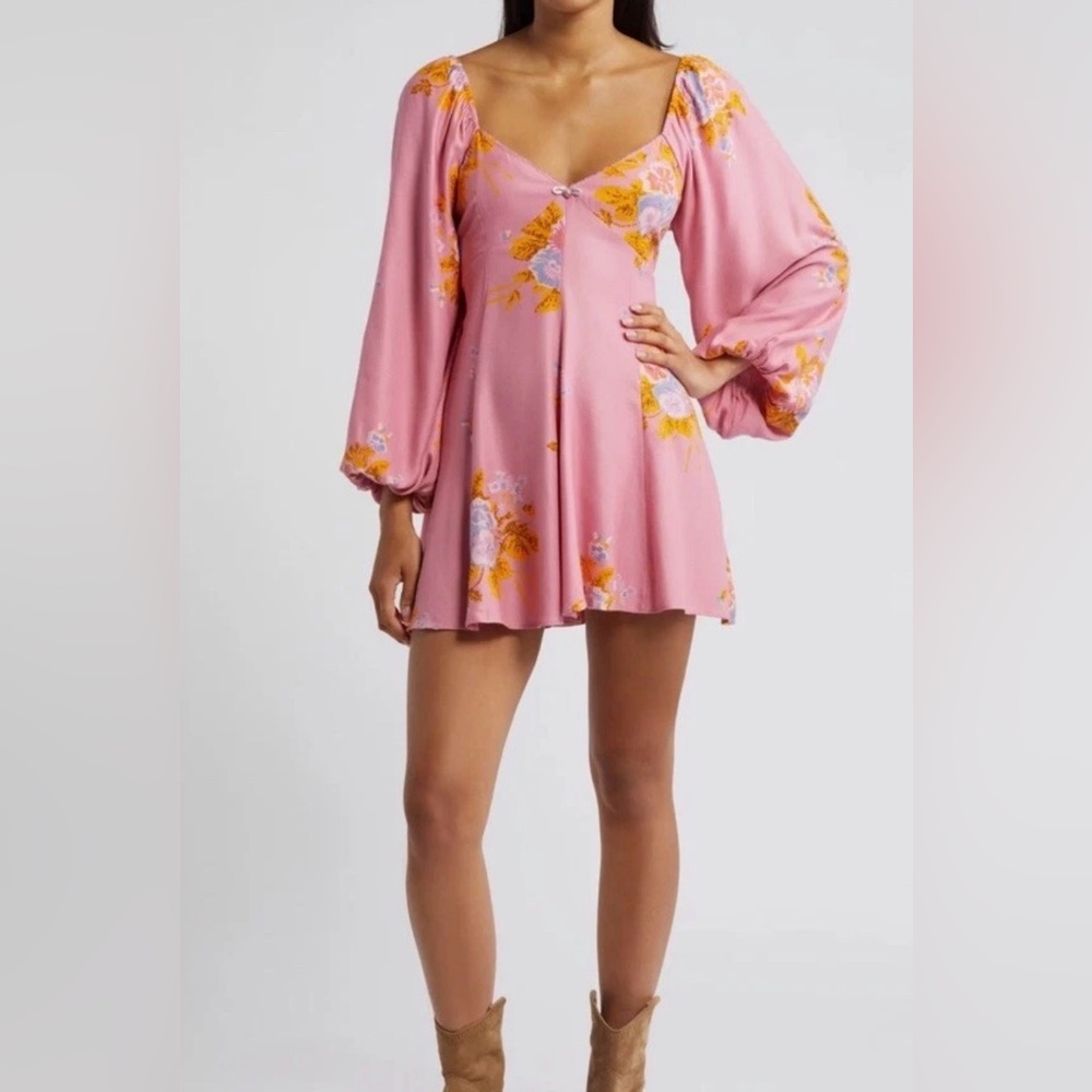 FREE PEOPLE Francesca Mini Dress Floral Dawn Rose  Sweetheart babydoll dress M